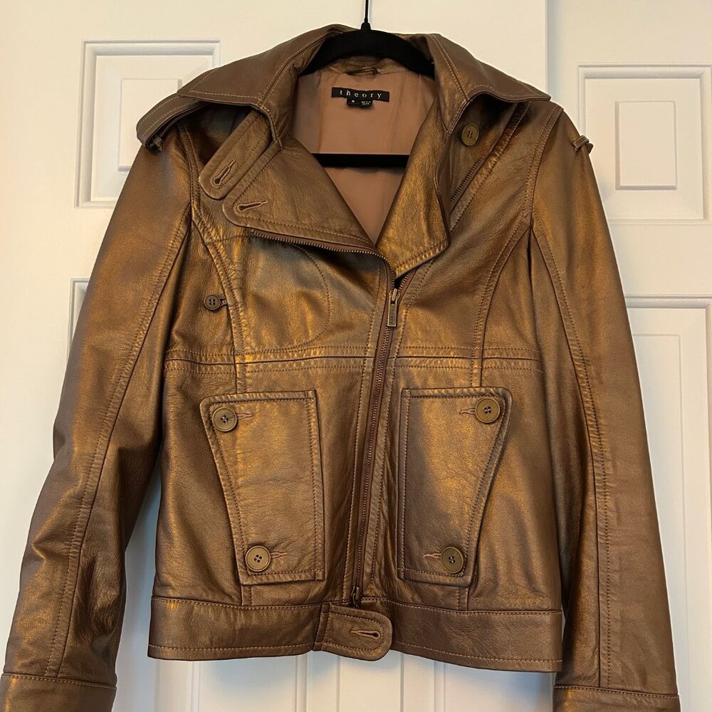 100 % leather Theory "Anson B" brown metallic motorcycle jacket, Size 6